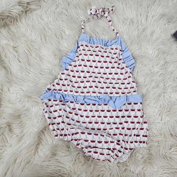 James & Lottie White Sailboat Printed Bubble Red Blue Toddler Girls Size 4T - Picture 1 of 6